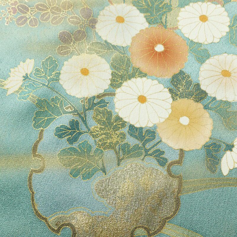 訪問着 良品 しつけ糸付き 正絹 花柄 袷仕立て 身丈161.5cm 裄丈67cm リサイクル着物 着物 箔 金彩 入学式 卒業式 七五三 お宮参り 雪輪 フォーマル 菊 緑・うぐいす色_画像12