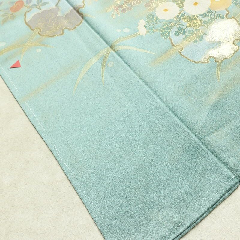 訪問着 良品 しつけ糸付き 正絹 花柄 袷仕立て 身丈161.5cm 裄丈67cm リサイクル着物 着物 箔 金彩 入学式 卒業式 七五三 お宮参り 雪輪 フォーマル 菊 緑・うぐいす色_画像20