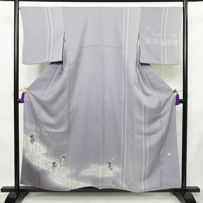 付け下げ 良品 落款入り 正絹 人物・動物柄 袷仕立て 身丈156cm 裄丈67.5cm リサイクル着物 着物 フォーマル 紫・藤色_画像1