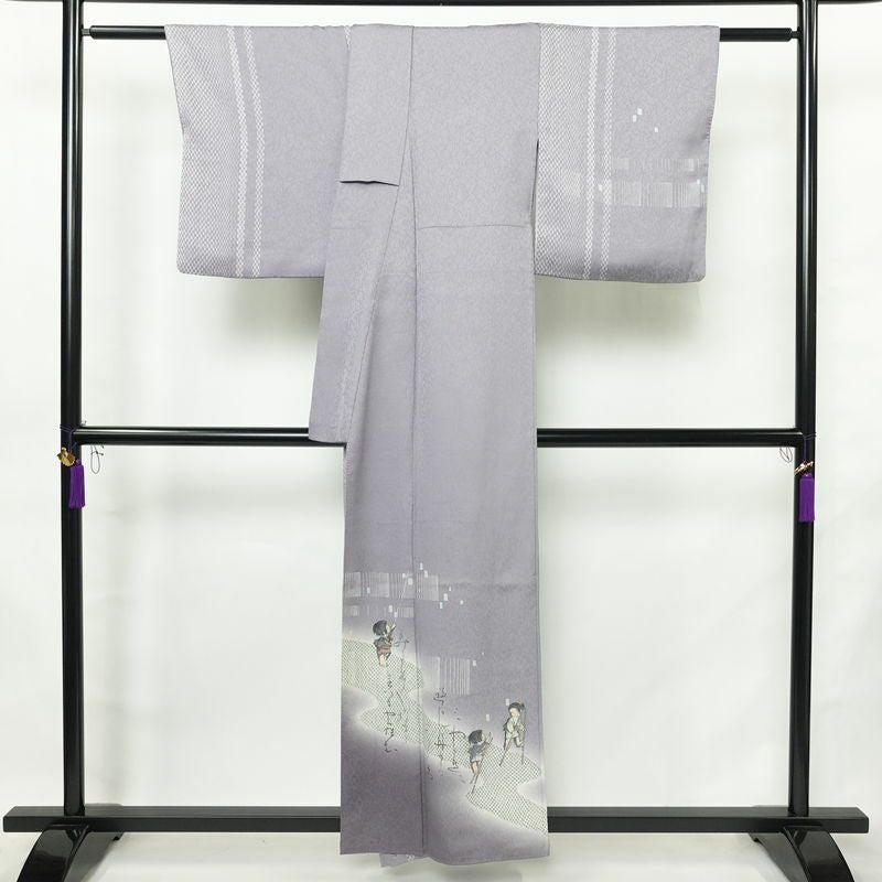 付け下げ 良品 落款入り 正絹 人物・動物柄 袷仕立て 身丈156cm 裄丈67.5cm リサイクル着物 着物 フォーマル 紫・藤色_画像2