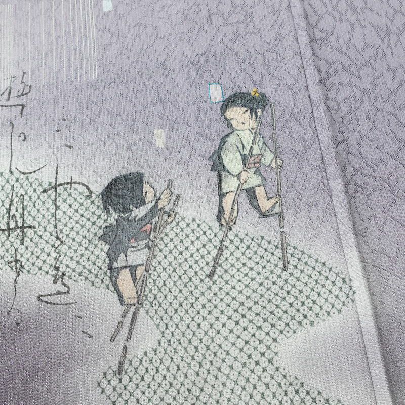 付け下げ 良品 落款入り 正絹 人物・動物柄 袷仕立て 身丈156cm 裄丈67.5cm リサイクル着物 着物 フォーマル 紫・藤色_画像10