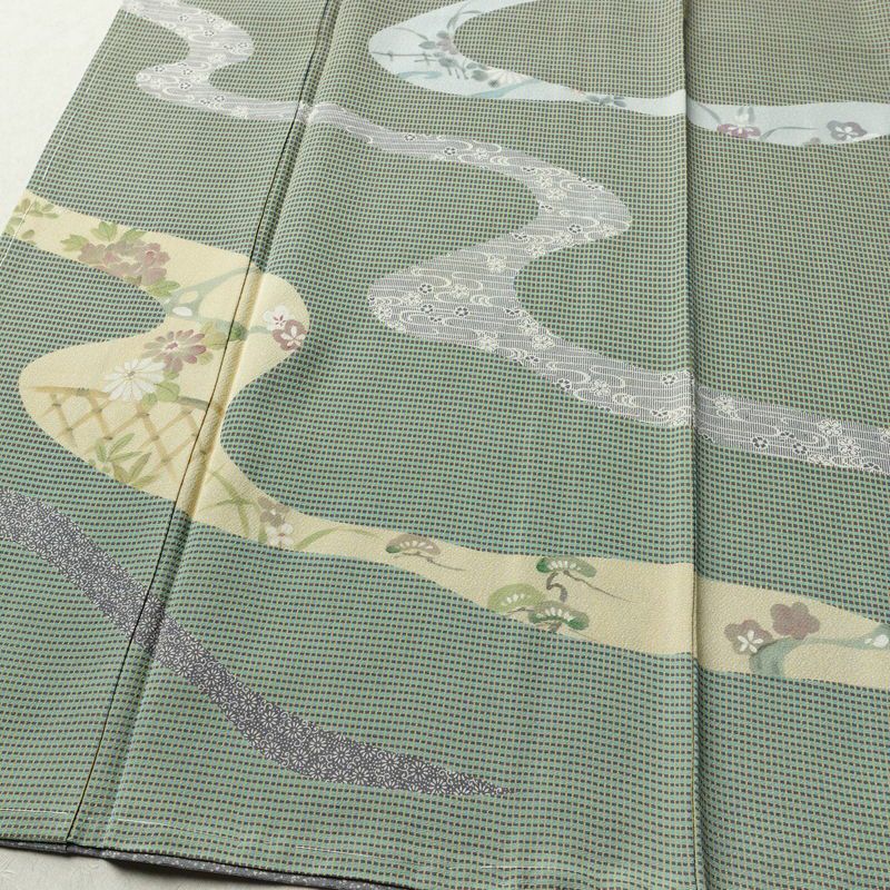 訪問着 良品 金田昇 落款入り しつけ糸付き 正絹 古典柄 袷仕立て 身丈161.5cm 裄丈65cm リサイクル着物 着物 入学式 卒業式 七五三 お宮参り フォーマル 緑・うぐいす色_画像4