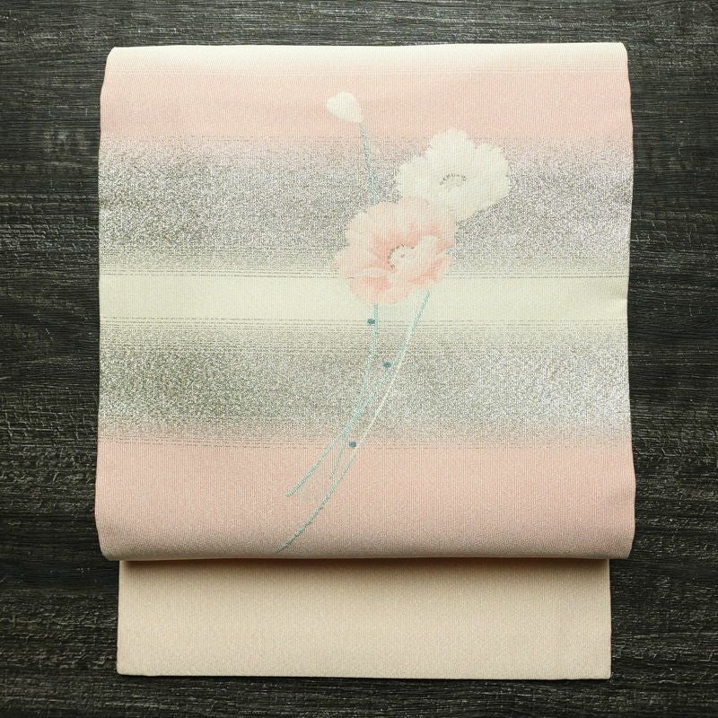 名古屋帯 太鼓柄 正絹 花柄 名古屋仕立て なごや帯 リサイクル帯 帯 シンプル 上品 白_画像1