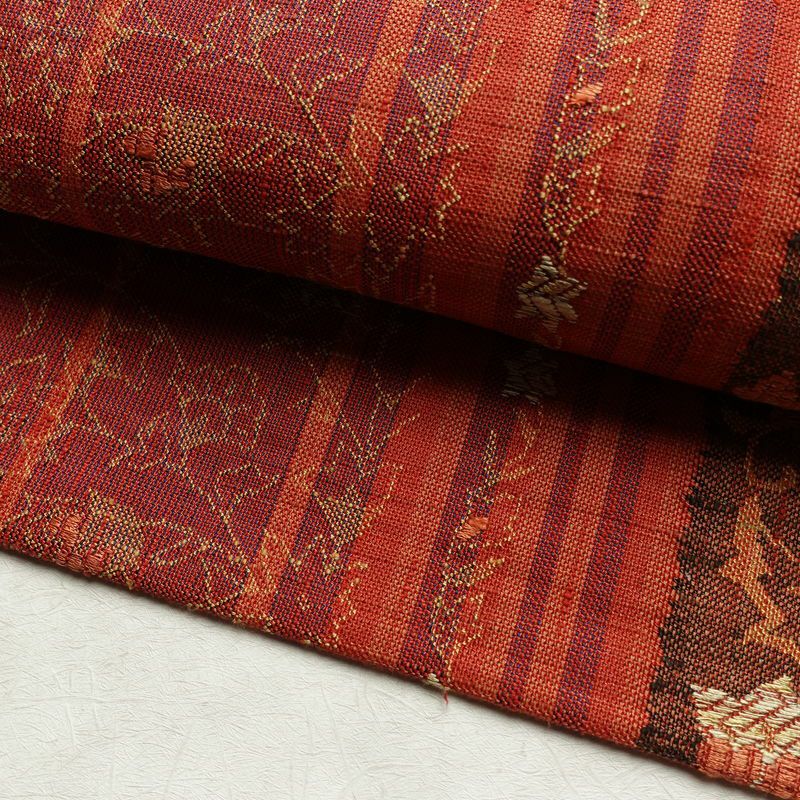 名古屋帯 六通柄 正絹 木の葉・植物柄 名古屋仕立て なごや帯 リサイクル帯 帯 紬地 橙_画像8