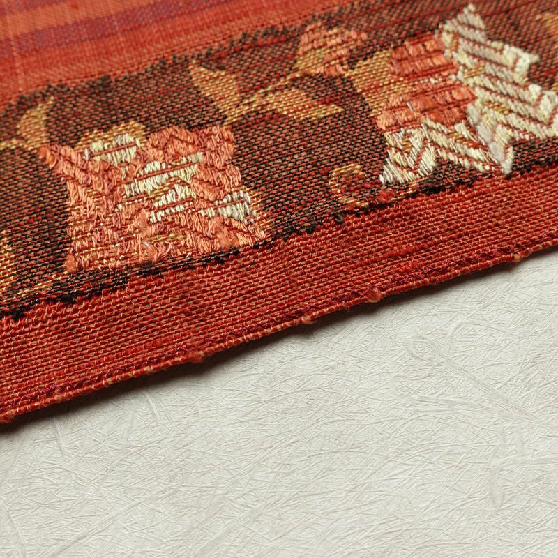 名古屋帯 六通柄 正絹 木の葉・植物柄 名古屋仕立て なごや帯 リサイクル帯 帯 紬地 橙_画像13