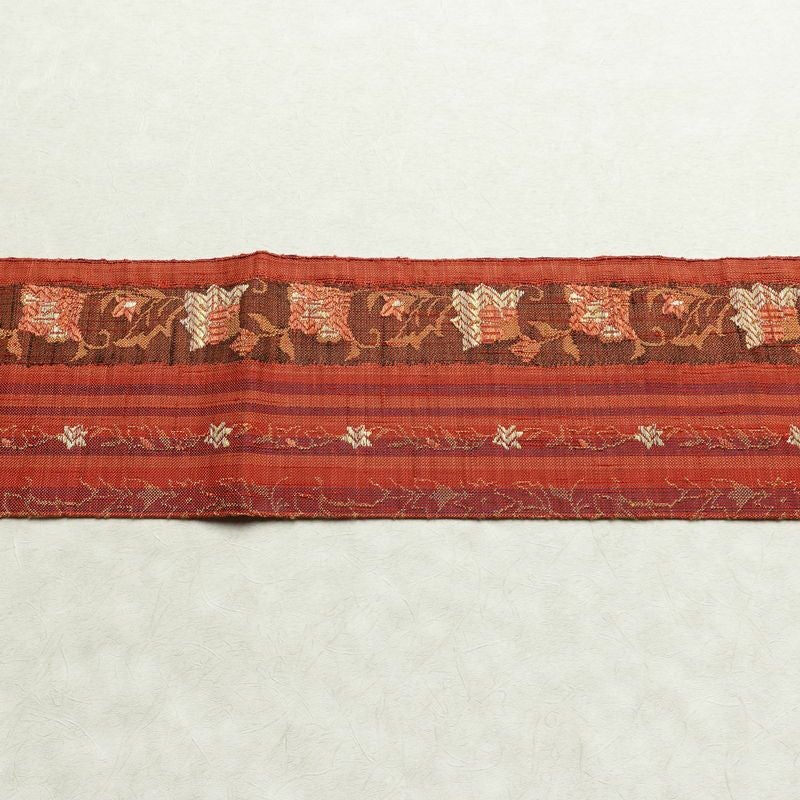 名古屋帯 六通柄 正絹 木の葉・植物柄 名古屋仕立て なごや帯 リサイクル帯 帯 紬地 橙_画像15