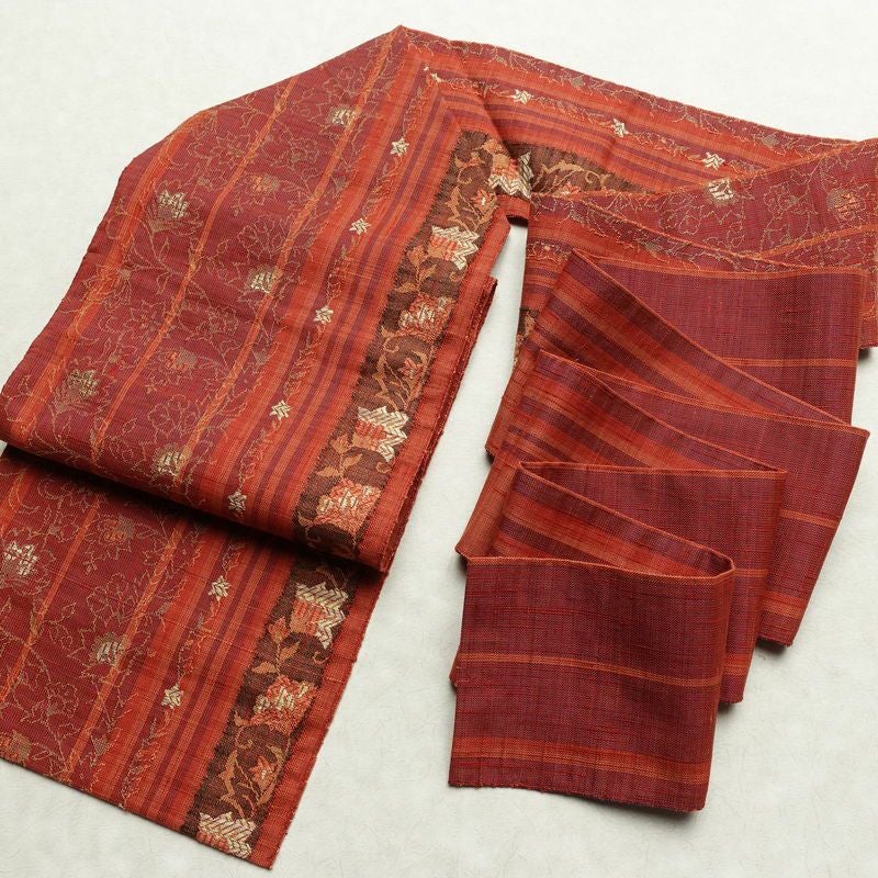 名古屋帯 六通柄 正絹 木の葉・植物柄 名古屋仕立て なごや帯 リサイクル帯 帯 紬地 橙_画像17