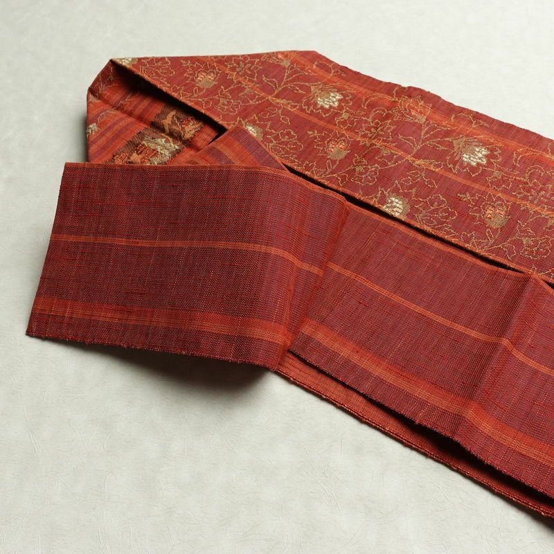 名古屋帯 六通柄 正絹 木の葉・植物柄 名古屋仕立て なごや帯 リサイクル帯 帯 紬地 橙_画像21