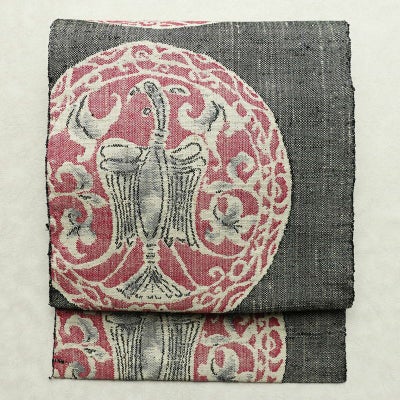 名古屋帯 六通柄 正絹 幾何学柄・抽象柄 松葉仕立て なごや帯 リサイクル帯 帯 紬地 グレー