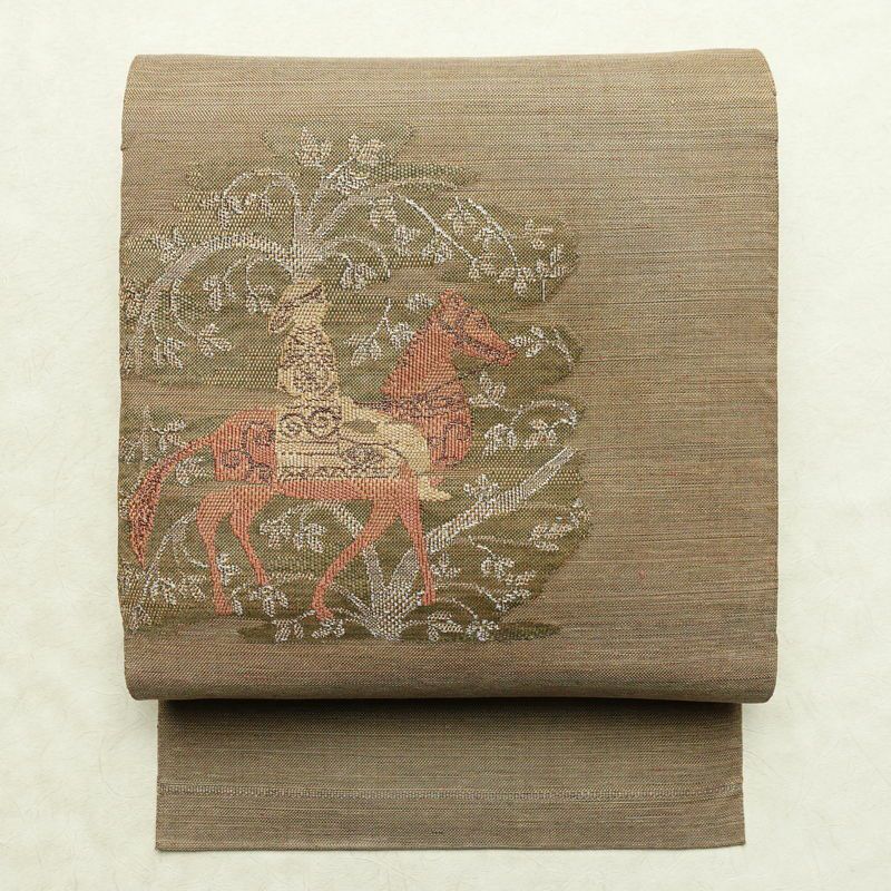 名古屋帯 太鼓柄 正絹 人物・動物柄 名古屋仕立て なごや帯 リサイクル帯 帯 モダン 茶_画像1