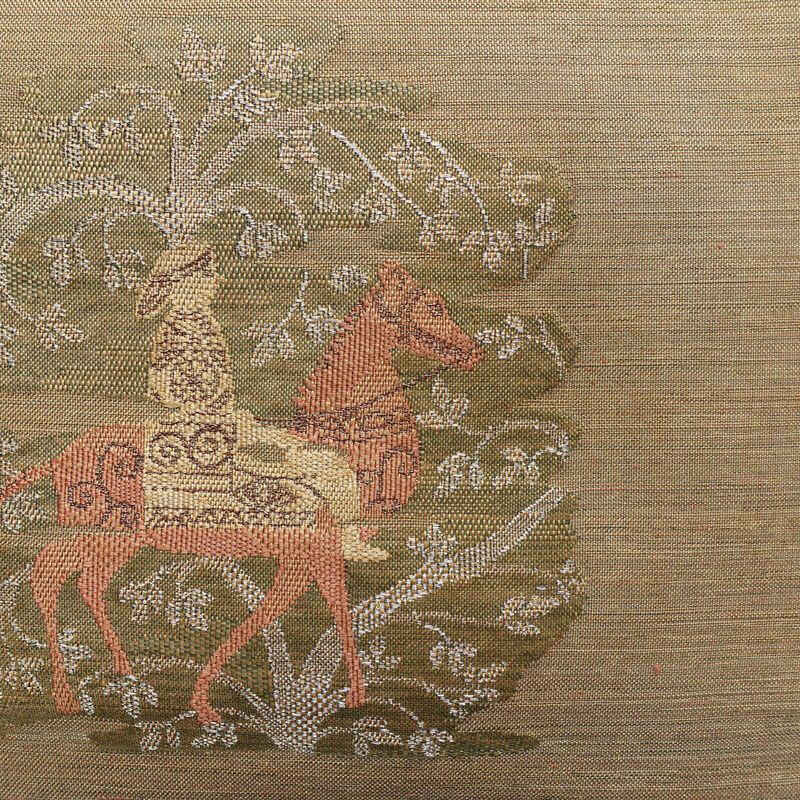 名古屋帯 太鼓柄 正絹 人物・動物柄 名古屋仕立て なごや帯 リサイクル帯 帯 モダン 茶_画像2