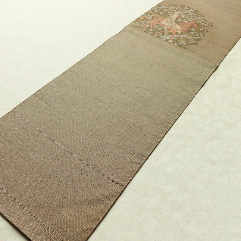 名古屋帯 太鼓柄 正絹 人物・動物柄 名古屋仕立て なごや帯 リサイクル帯 帯 モダン 茶_画像10