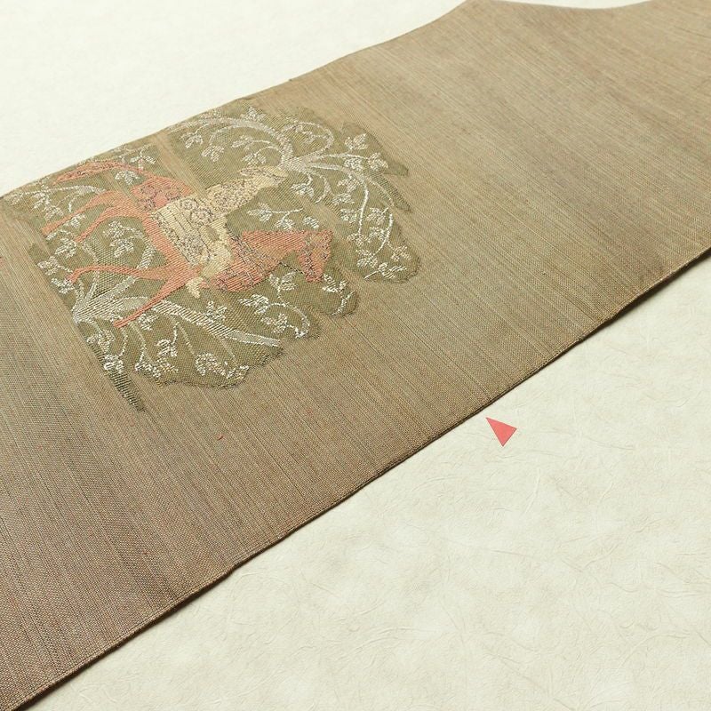 名古屋帯 太鼓柄 正絹 人物・動物柄 名古屋仕立て なごや帯 リサイクル帯 帯 モダン 茶_画像12