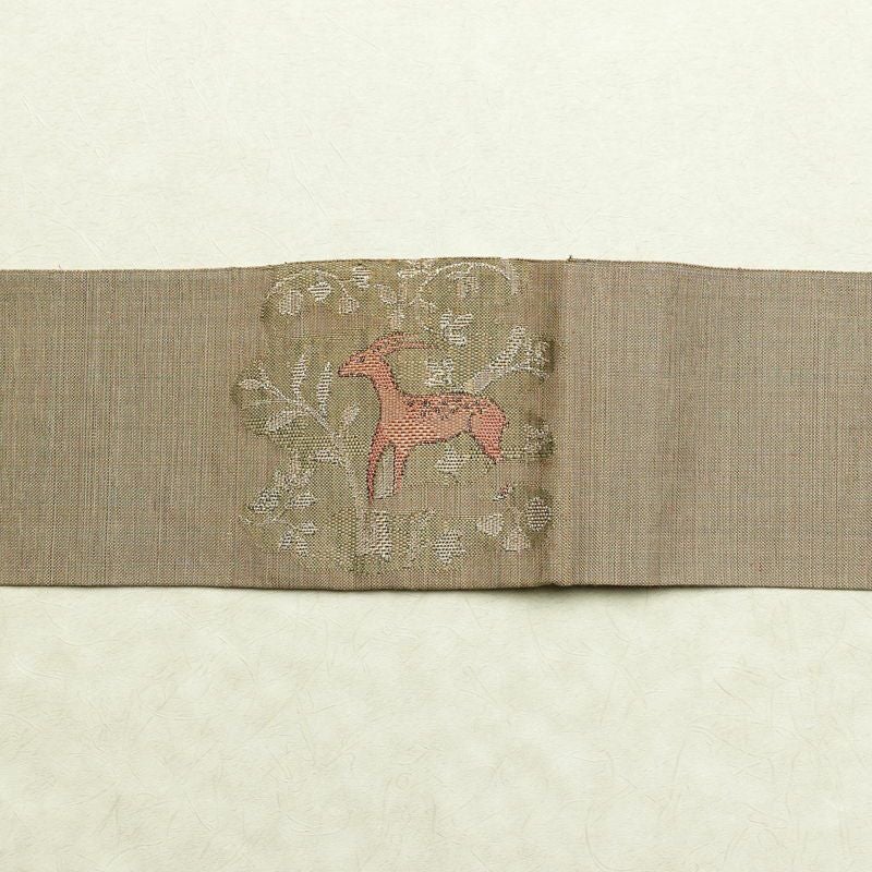 名古屋帯 太鼓柄 正絹 人物・動物柄 名古屋仕立て なごや帯 リサイクル帯 帯 モダン 茶_画像15