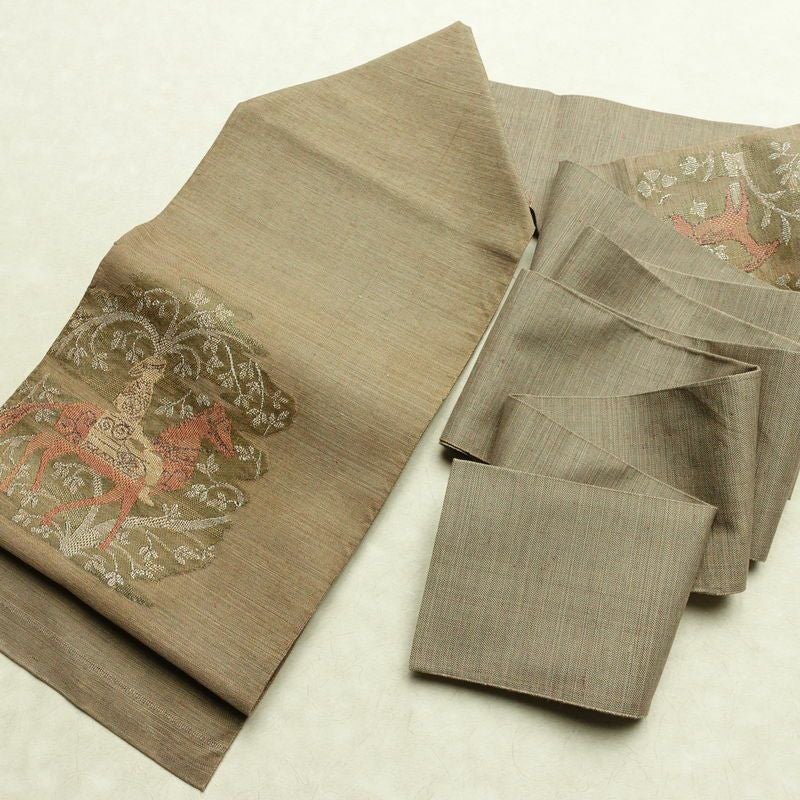 名古屋帯 太鼓柄 正絹 人物・動物柄 名古屋仕立て なごや帯 リサイクル帯 帯 モダン 茶_画像18