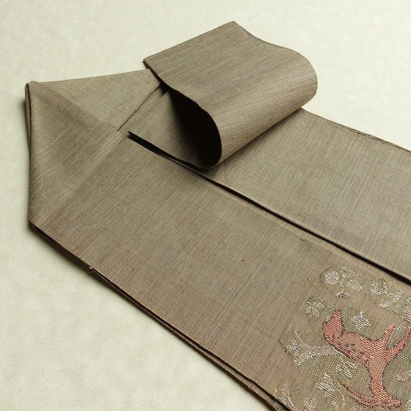 名古屋帯 太鼓柄 正絹 人物・動物柄 名古屋仕立て なごや帯 リサイクル帯 帯 モダン 茶_画像21