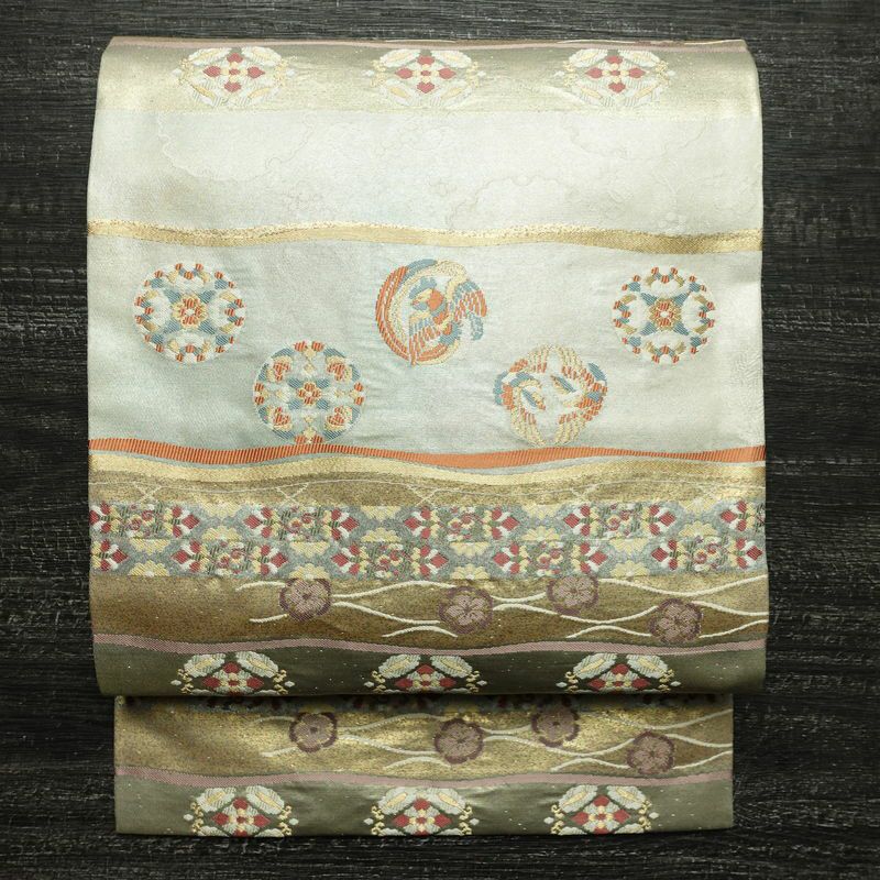 名古屋帯 太鼓柄 美品 正絹 古典柄 名古屋仕立て なごや帯 リサイクル帯 帯 箔 グレー_画像1