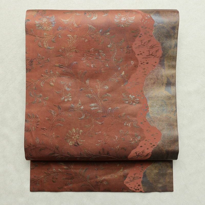 名古屋帯 六通柄 美品 正絹 木の葉・植物柄 名古屋仕立て なごや帯 リサイクル帯 帯 箔 茶_画像1