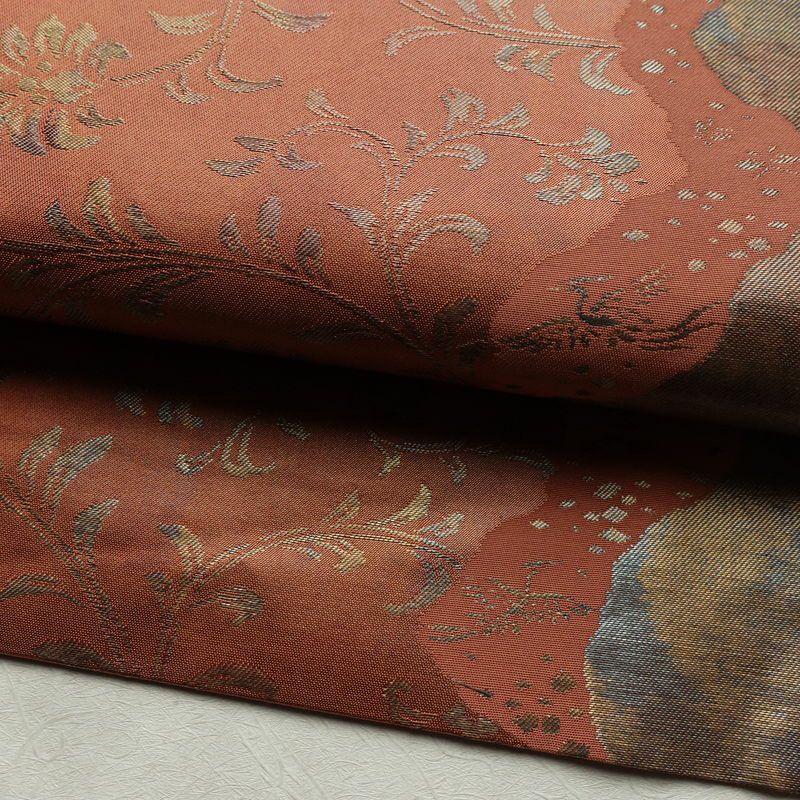 名古屋帯 六通柄 美品 正絹 木の葉・植物柄 名古屋仕立て なごや帯 リサイクル帯 帯 箔 茶_画像8