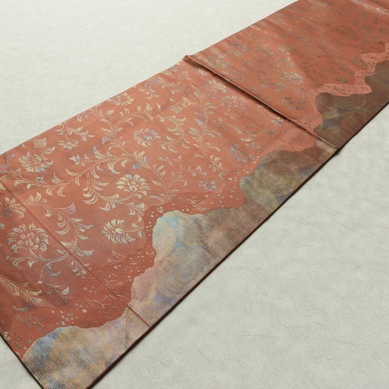 名古屋帯 六通柄 美品 正絹 木の葉・植物柄 名古屋仕立て なごや帯 リサイクル帯 帯 箔 茶_画像9