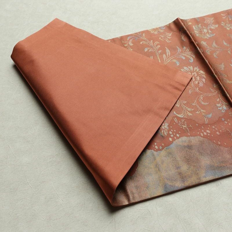 名古屋帯 六通柄 美品 正絹 木の葉・植物柄 名古屋仕立て なごや帯 リサイクル帯 帯 箔 茶_画像10