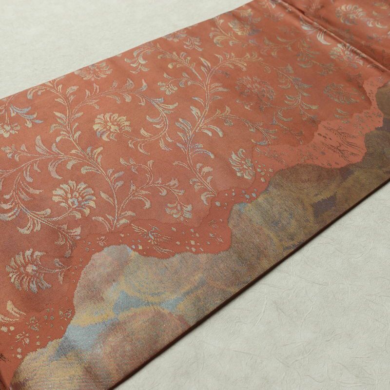 名古屋帯 六通柄 美品 正絹 木の葉・植物柄 名古屋仕立て なごや帯 リサイクル帯 帯 箔 茶_画像11