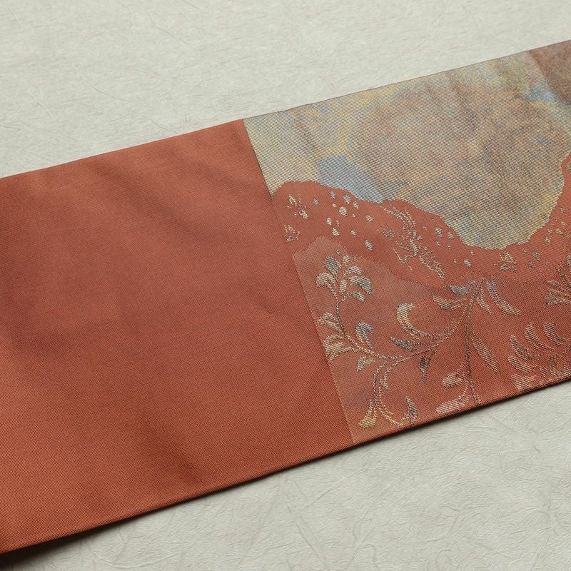 名古屋帯 六通柄 美品 正絹 木の葉・植物柄 名古屋仕立て なごや帯 リサイクル帯 帯 箔 茶_画像15
