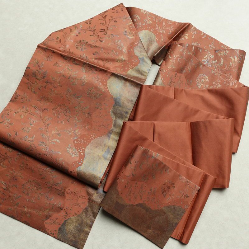 名古屋帯 六通柄 美品 正絹 木の葉・植物柄 名古屋仕立て なごや帯 リサイクル帯 帯 箔 茶_画像17