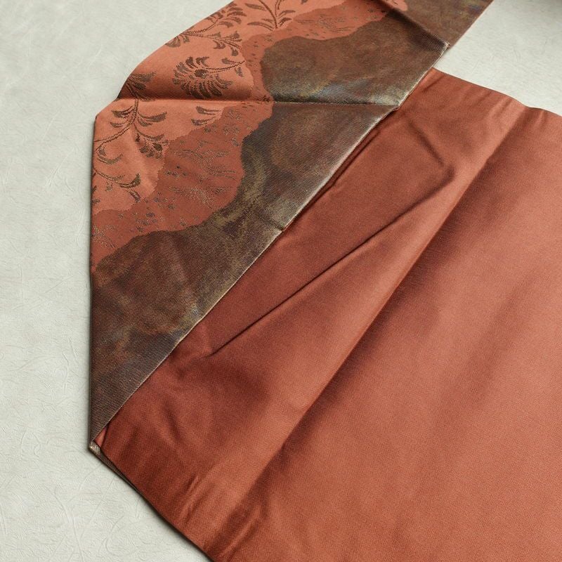 名古屋帯 六通柄 美品 正絹 木の葉・植物柄 名古屋仕立て なごや帯 リサイクル帯 帯 箔 茶_画像19