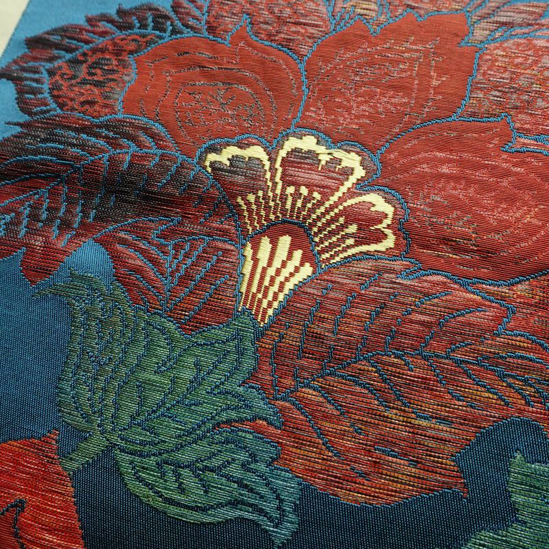 名古屋帯 六通柄 良品 正絹 花柄 名古屋仕立て なごや帯 リサイクル帯 帯 青・紺_画像3