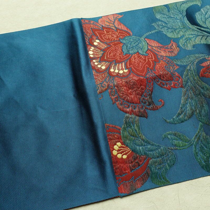 名古屋帯 六通柄 良品 正絹 花柄 名古屋仕立て なごや帯 リサイクル帯 帯 青・紺_画像17