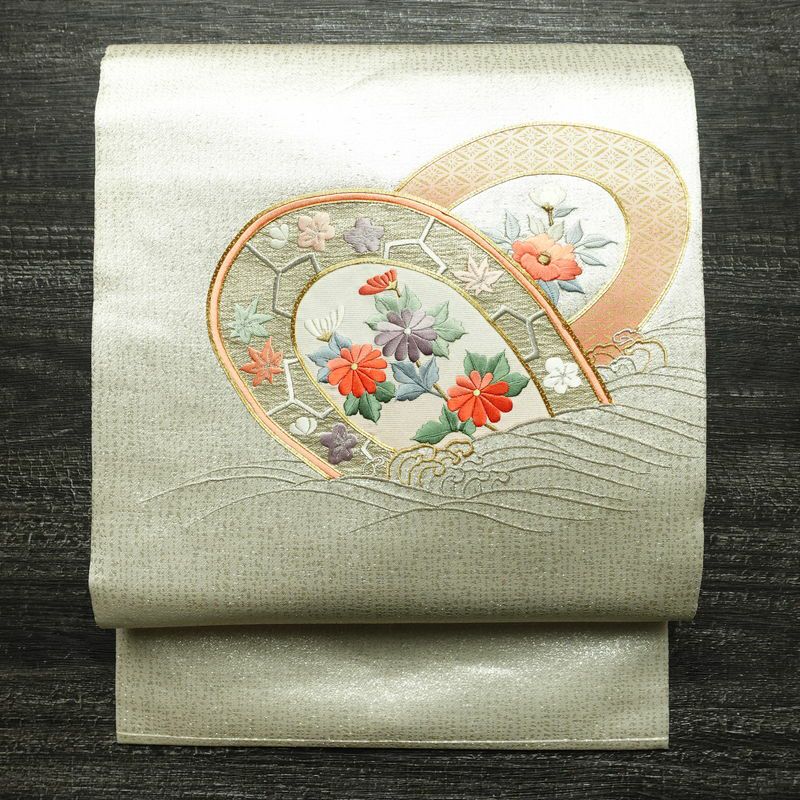 名古屋帯 太鼓柄 正絹 古典柄 名古屋仕立て 箔 刺繍 金糸 帯 ベージュ