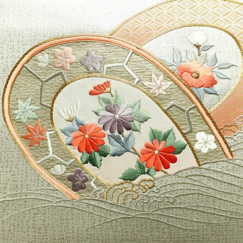 名古屋帯 太鼓柄 美品 金駒刺繍 正絹 古典柄 名古屋仕立て なごや帯 リサイクル帯 帯 刺繍 金彩 金・銀_画像2