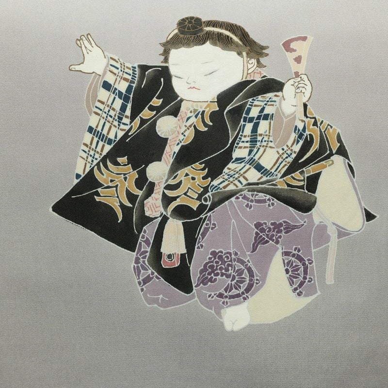 名古屋帯 太鼓柄 落款入り 正絹 人物・動物柄 通し仕立て なごや帯 リサイクル帯 帯 シンプル 扇子 グレー_画像2