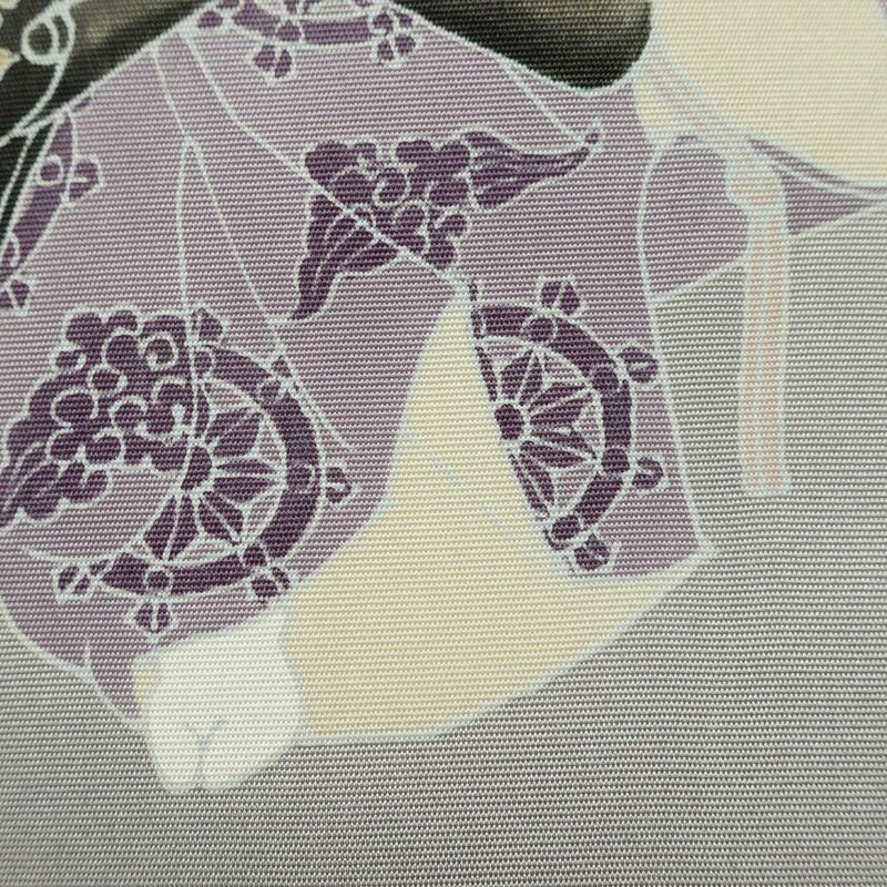 名古屋帯 太鼓柄 落款入り 正絹 人物・動物柄 通し仕立て なごや帯 リサイクル帯 帯 シンプル 扇子 グレー_画像5