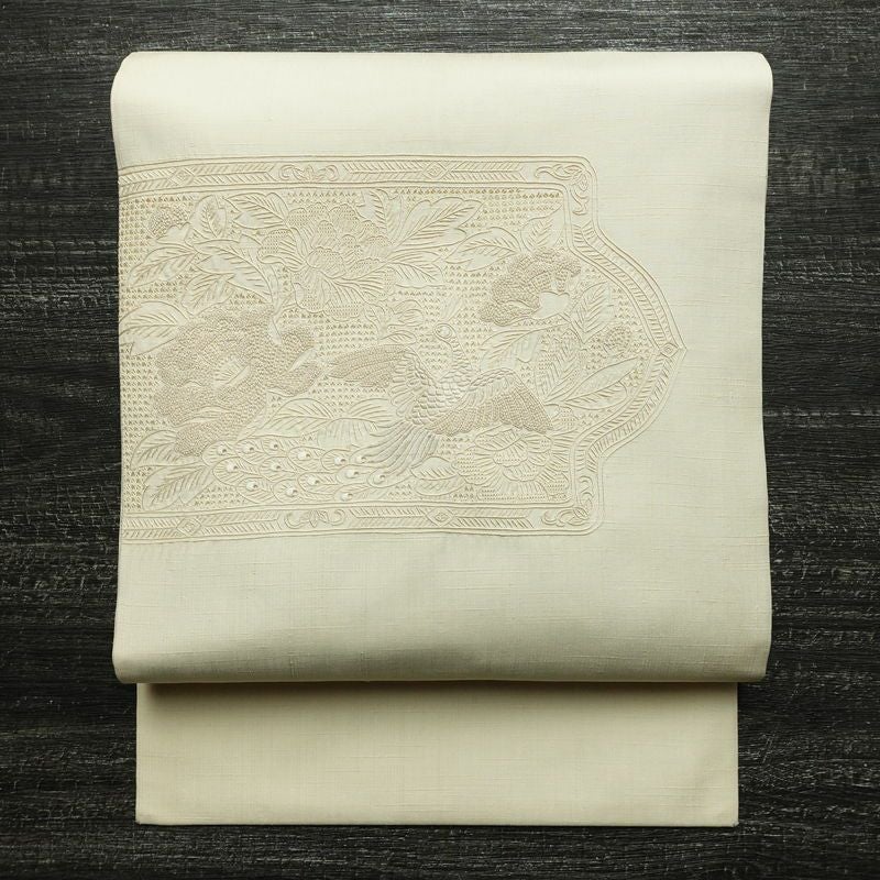 名古屋帯 太鼓柄 スワトウ刺繍 正絹 古典柄 名古屋仕立て なごや帯 リサイクル帯 帯 刺繍 おしゃれ 上品 白_画像1