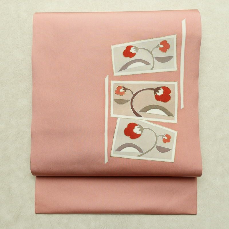 名古屋帯 太鼓柄 金駒刺繍 正絹 花柄 名古屋仕立て なごや帯 リサイクル帯 帯 金彩 ピンク_画像1