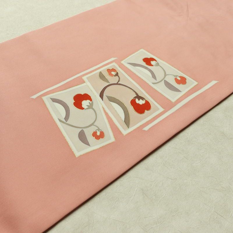 名古屋帯 太鼓柄 金駒刺繍 正絹 花柄 名古屋仕立て なごや帯 リサイクル帯 帯 金彩 ピンク_画像12