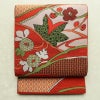 名古屋帯 六通柄 美品 正絹 木の葉・植物柄 松葉仕立て なごや帯 リサイクル帯 帯 赤・朱_画像1