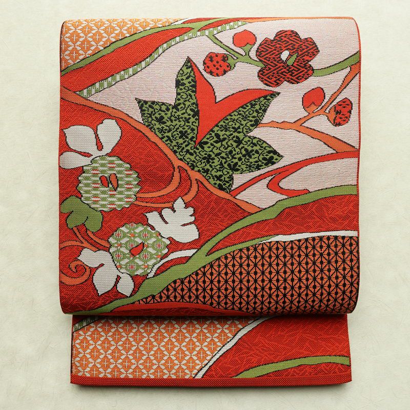 名古屋帯 六通柄 美品 正絹 木の葉・植物柄 松葉仕立て なごや帯 リサイクル帯 帯 赤・朱_画像1