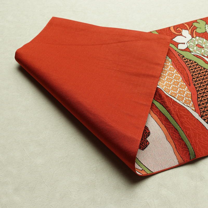 名古屋帯 六通柄 美品 正絹 木の葉・植物柄 松葉仕立て なごや帯 リサイクル帯 帯 赤・朱_画像10