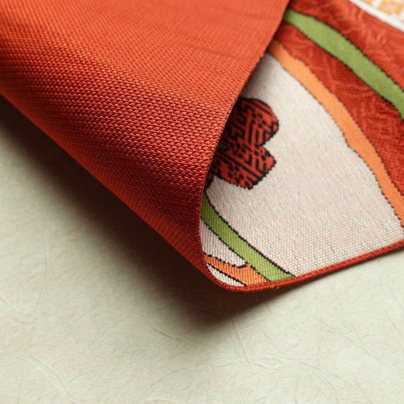 名古屋帯 六通柄 美品 正絹 木の葉・植物柄 松葉仕立て なごや帯 リサイクル帯 帯 赤・朱_画像11