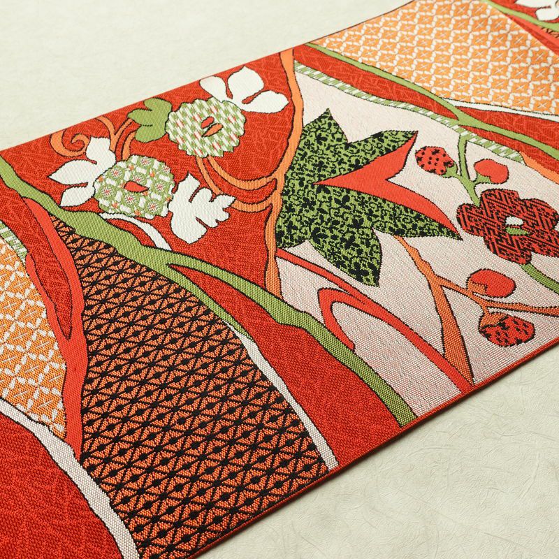 名古屋帯 六通柄 美品 正絹 木の葉・植物柄 松葉仕立て なごや帯 リサイクル帯 帯 赤・朱_画像12