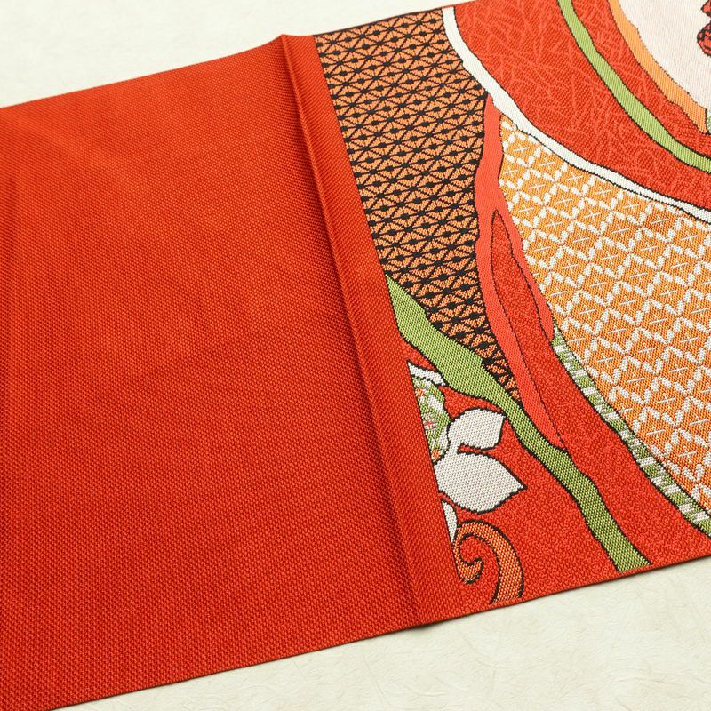 名古屋帯 六通柄 美品 正絹 木の葉・植物柄 松葉仕立て なごや帯 リサイクル帯 帯 赤・朱_画像16