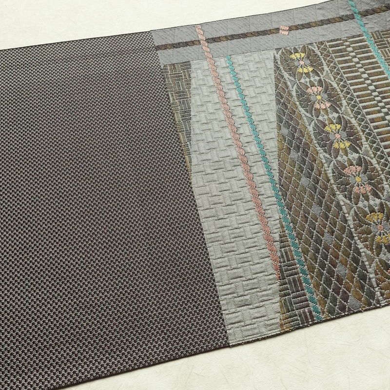 名古屋帯 六通柄 美品 正絹 幾何学柄・抽象柄 通し仕立て なごや帯 リサイクル帯 帯 未使用品 多色使い_画像17