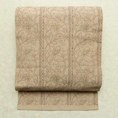 名古屋帯 六通柄 正絹 花柄 名古屋仕立て なごや帯 リサイクル帯 帯 ベージュ