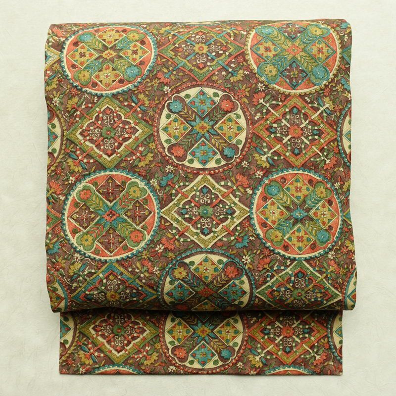 名古屋帯 全通柄 正絹 名古屋仕立て なごや帯 リサイクル帯 帯 茶_画像1