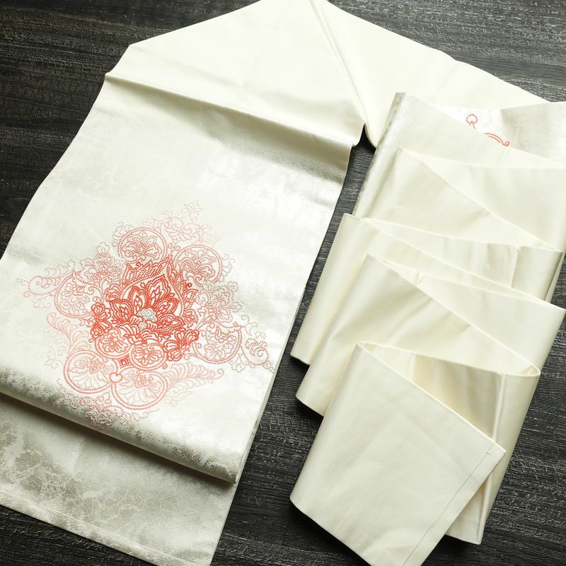 名古屋帯 太鼓柄 良品 しつけ糸付き 相良刺繍 正絹 幾何学柄・抽象柄 名古屋仕立て なごや帯 リサイクル帯 帯 刺繍 白_画像18