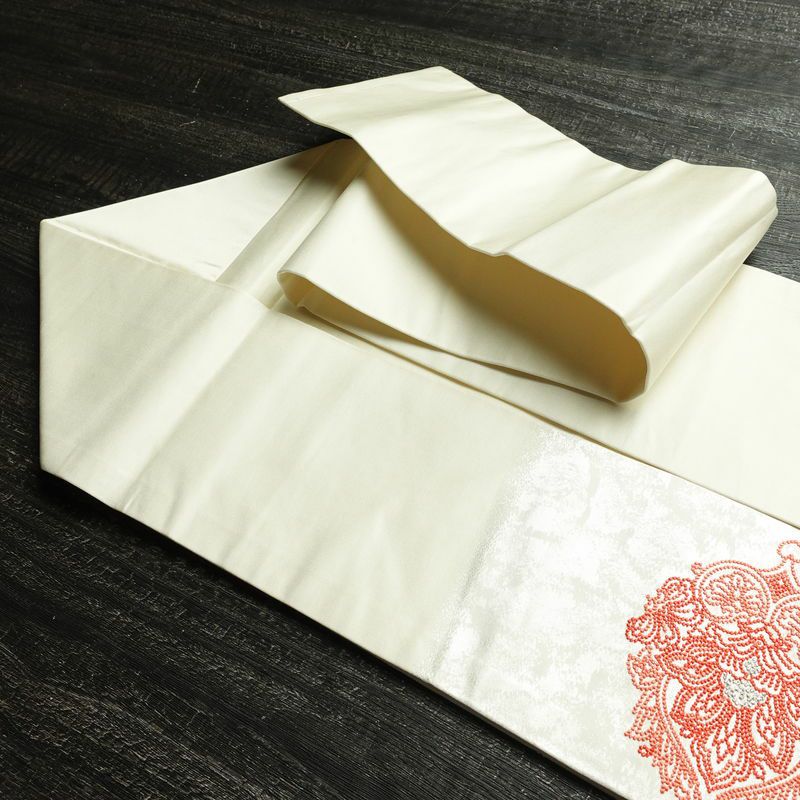 名古屋帯 太鼓柄 良品 しつけ糸付き 相良刺繍 正絹 幾何学柄・抽象柄 名古屋仕立て なごや帯 リサイクル帯 帯 刺繍 白_画像21