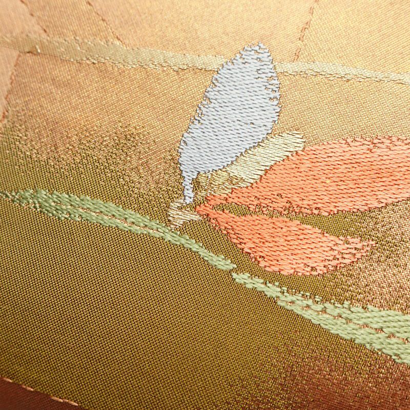 名古屋帯 六通柄 良品 正絹 花柄 名古屋仕立て なごや帯 リサイクル帯 帯 箔 淡橙 薄オレンジ 橙_画像6